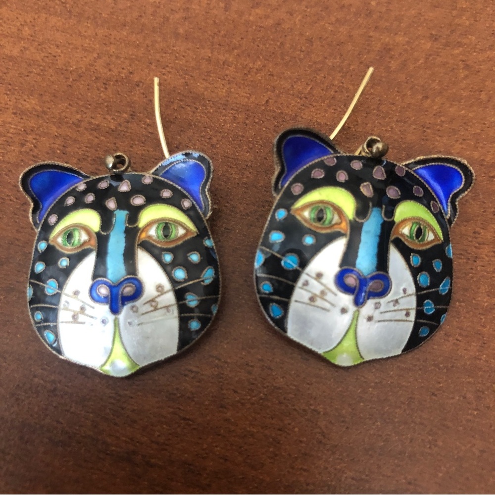 Vintage Laurel Burch 1970s Cloisonné Enamel Leopard Cat Pierced Earrings